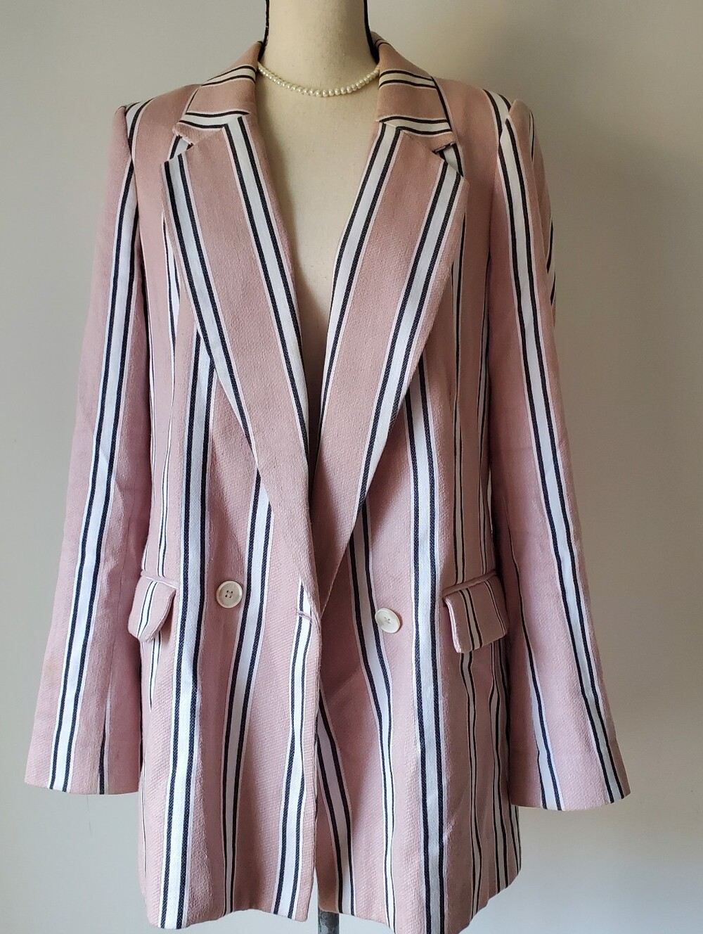 Free People Light Pink Striped Women's Cotton Uptown Girl Blazer Jacket Size M